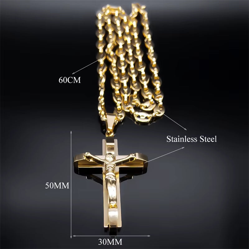 Jesus Cross Crucifix Pendant Necklace for Men Stainless Steel Gold Color Christian Coffee Bean Chain Jewelry Croix Chrétienne