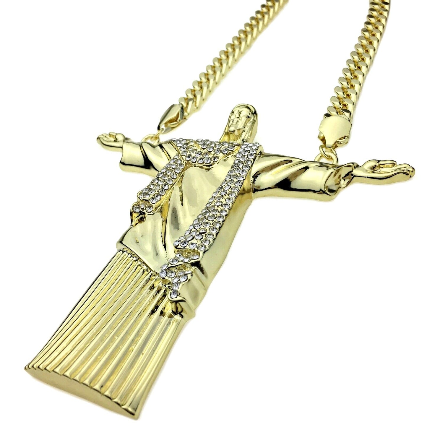 14K Gold Plated Huge Christ the Redeemer 5"W Jesus CZ Pendant Cuban Chain 30"