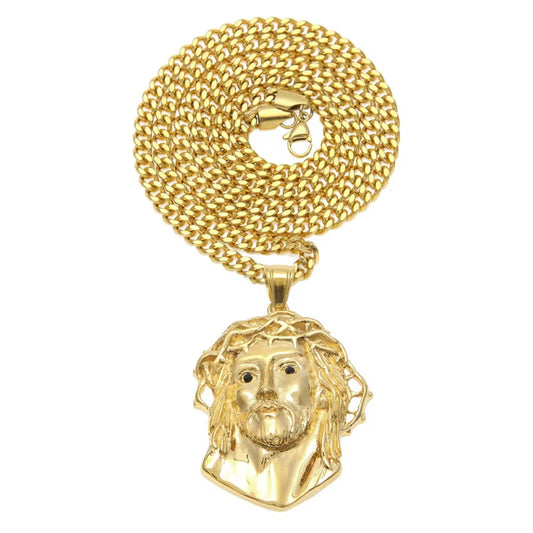 CY&CM Men Women Gold Jesus Christ Head Pendant Stainless Steel Gold Color Jesus Face Hip Hop Necklace Chain Fashion Punk Jewelry