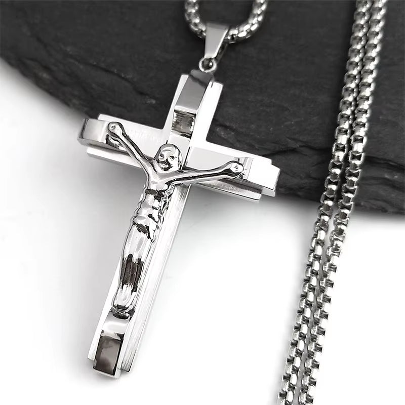 Jesus Cross Crucifix Pendant Necklace for Men Stainless Steel Gold Color Christian Coffee Bean Chain Jewelry Croix Chrétienne