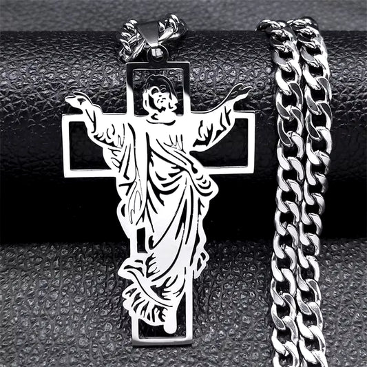 Hip Hop Punk Crown of Thorns Jesus Cross Necklace for Men Stainless Steel Gold Plated Crucifix Pendant Necklaces Jewelry N8052