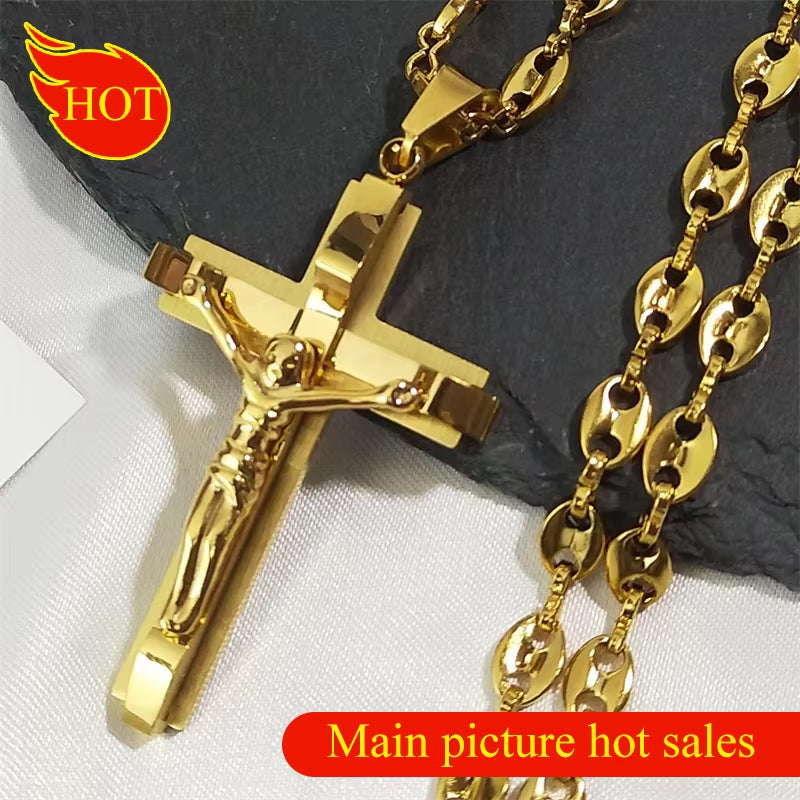 Jesus Cross Crucifix Pendant Necklace for Men Stainless Steel Gold Color Christian Coffee Bean Chain Jewelry Croix Chrétienne