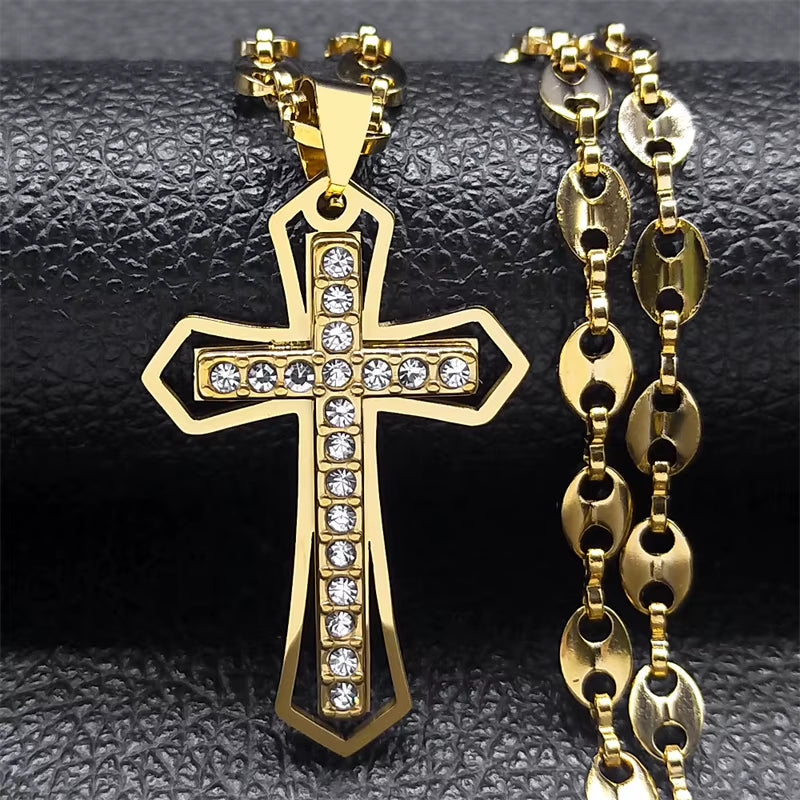 Jesus Cross Crucifix Pendant Necklace for Men Stainless Steel Gold Color Christian Coffee Bean Chain Jewelry Croix Chrétienne