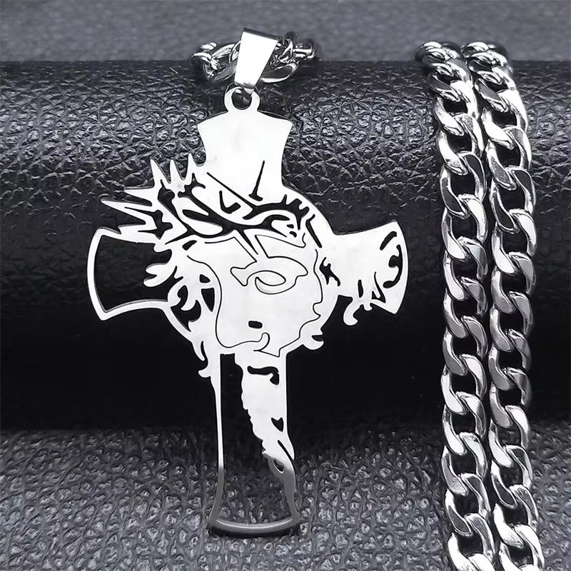 Hip Hop Punk Crown of Thorns Jesus Cross Necklace for Men Stainless Steel Gold Plated Crucifix Pendant Necklaces Jewelry N8052