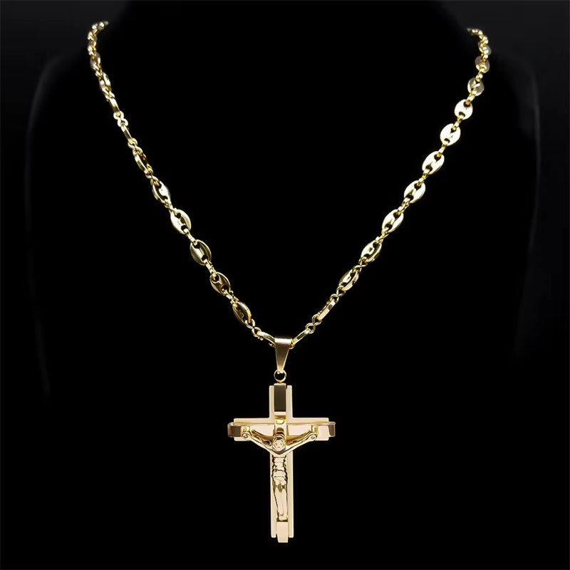 Jesus Cross Crucifix Pendant Necklace for Men Stainless Steel Gold Color Christian Coffee Bean Chain Jewelry Croix Chrétienne