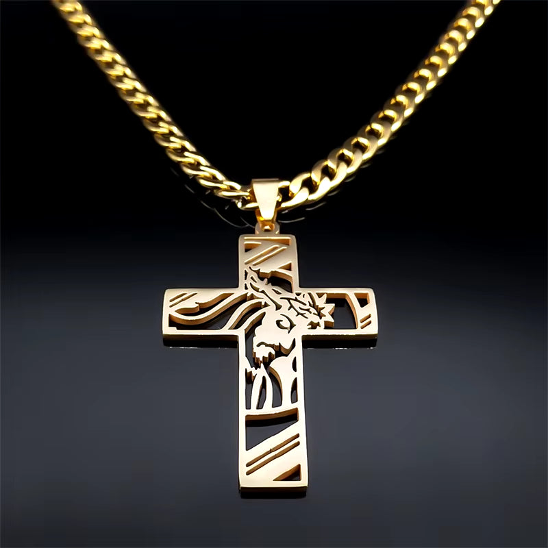 Hip Hop Punk Crown of Thorns Jesus Cross Necklace for Men Stainless Steel Gold Plated Crucifix Pendant Necklaces Jewelry N8052