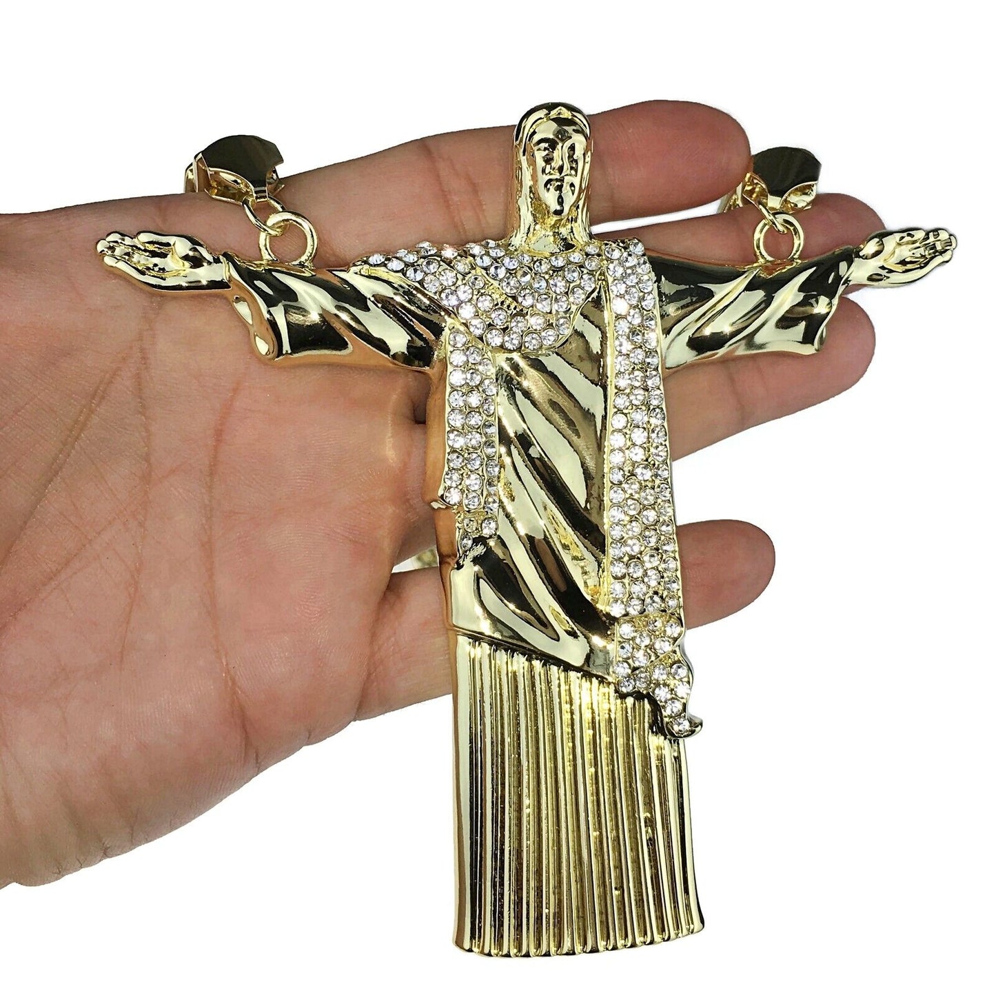 14K Gold Plated Huge Christ the Redeemer 5"W Jesus CZ Pendant Cuban Chain 30"