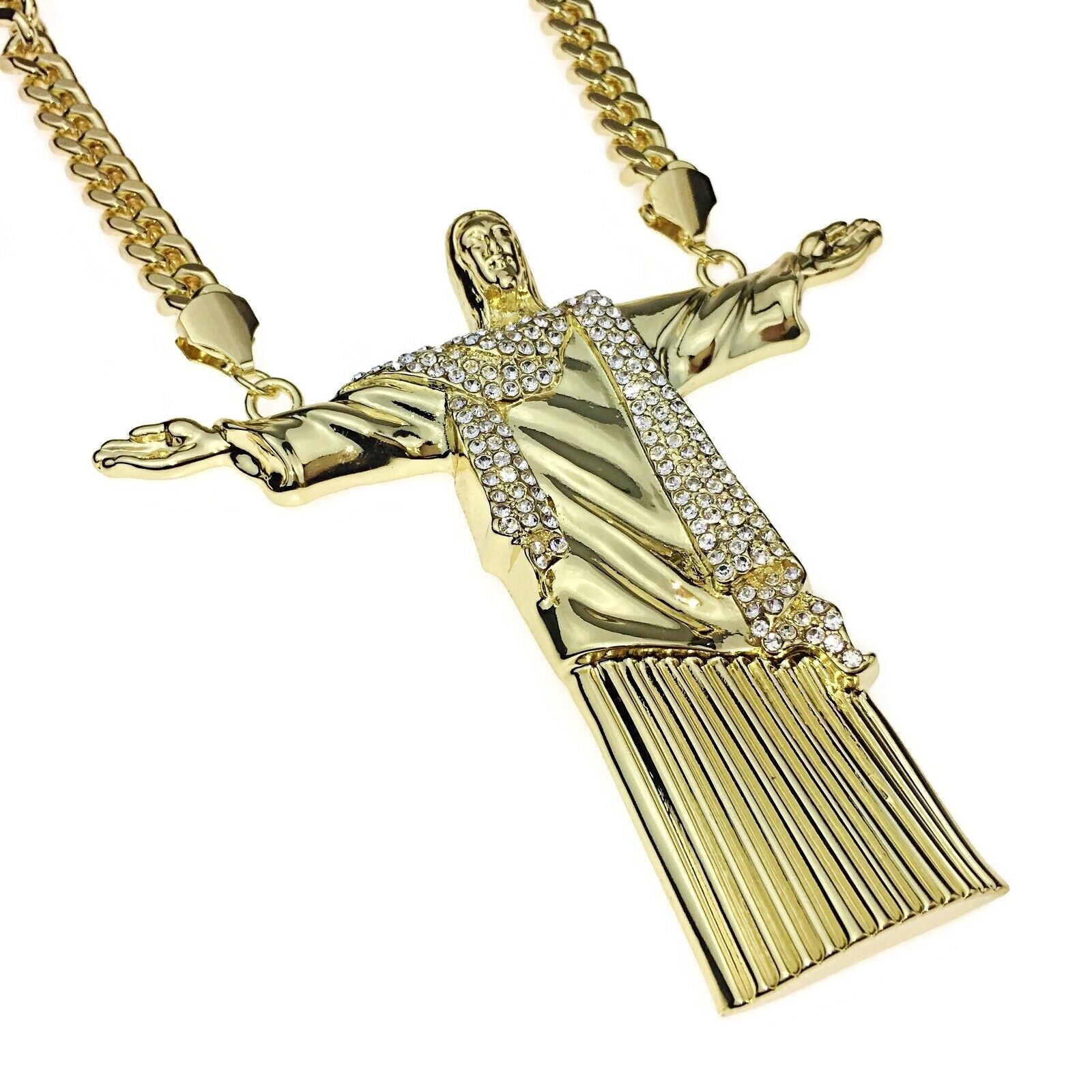 14K Gold Plated Huge Christ the Redeemer 5"W Jesus CZ Pendant Cuban Chain 30"