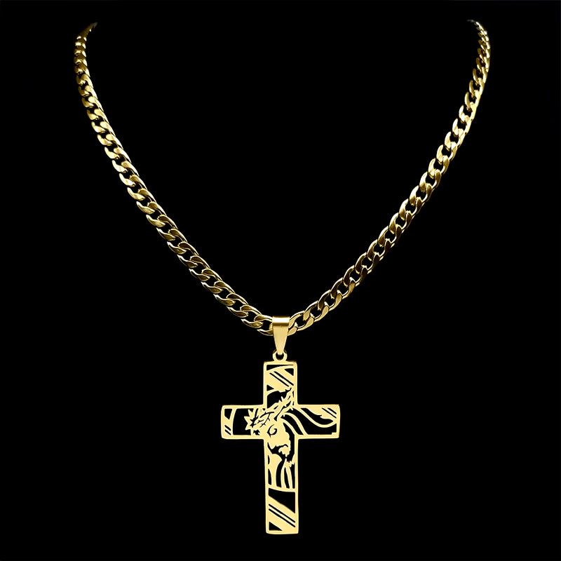 Hip Hop Punk Crown of Thorns Jesus Cross Necklace for Men Stainless Steel Gold Plated Crucifix Pendant Necklaces Jewelry N8052