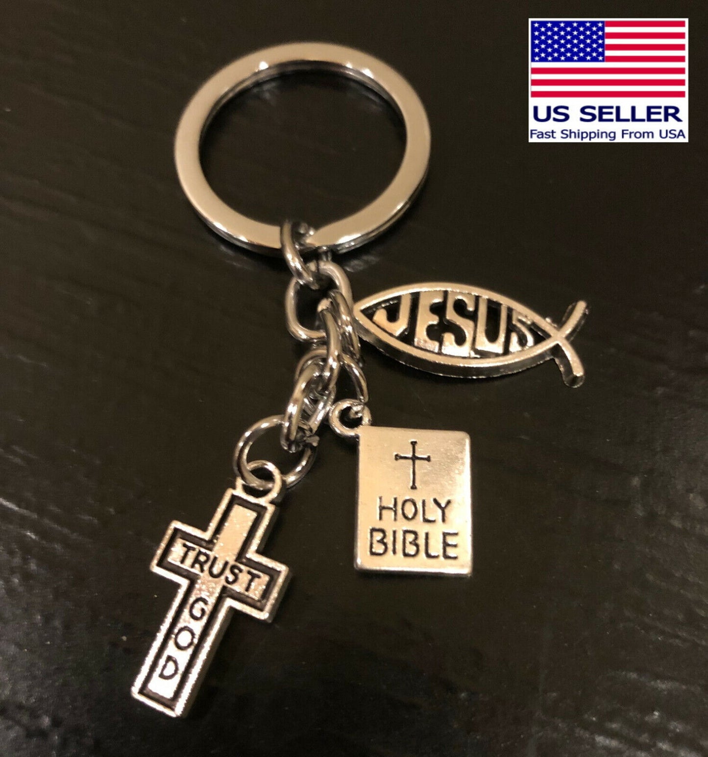 Trust God Cross Jesus Fish Christian Holy Bible Charms Keychain Gift Key Chain