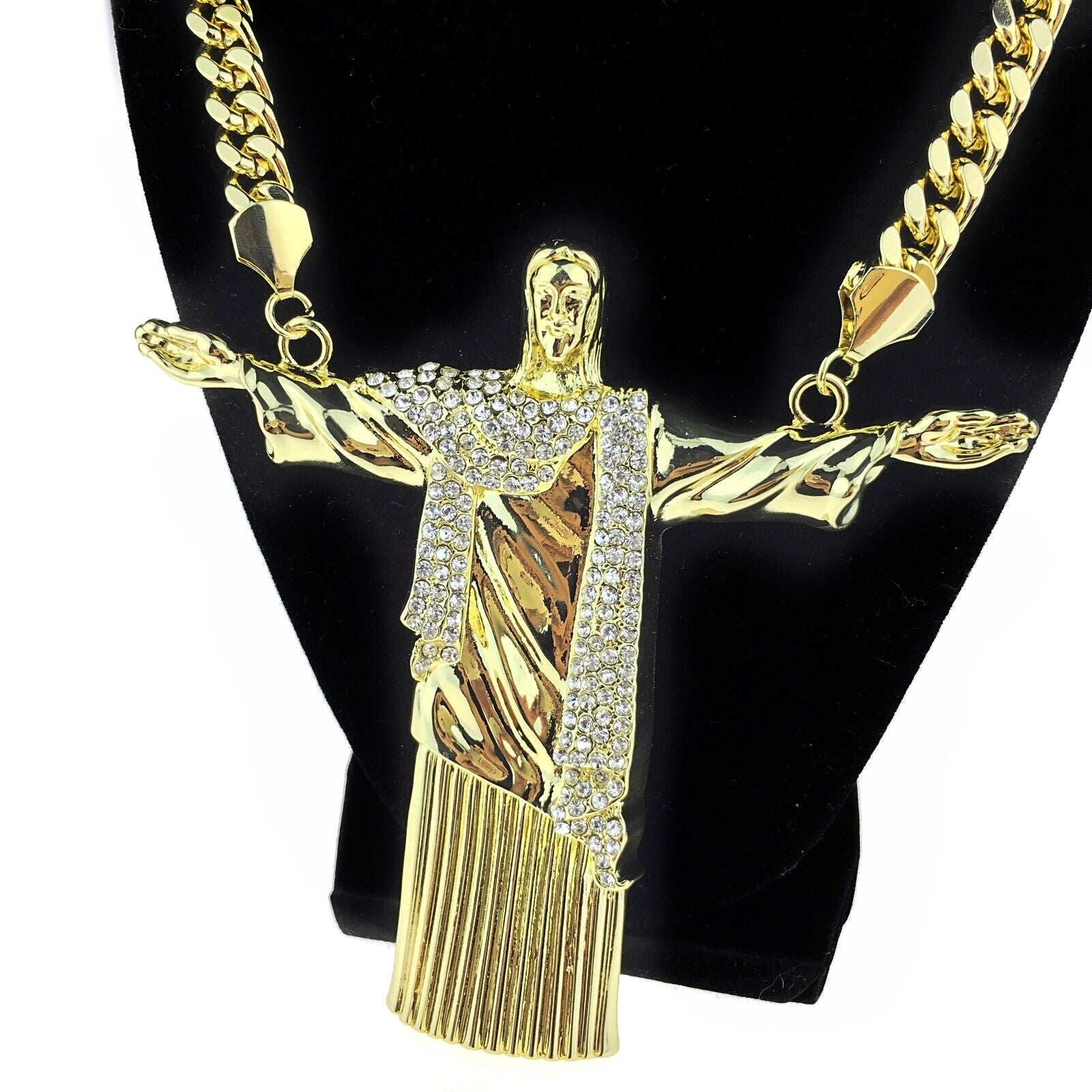 14K Gold Plated Huge Christ the Redeemer 5"W Jesus CZ Pendant Cuban Chain 30"