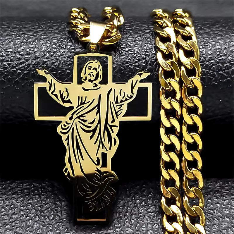 Hip Hop Punk Crown of Thorns Jesus Cross Necklace for Men Stainless Steel Gold Plated Crucifix Pendant Necklaces Jewelry N8052