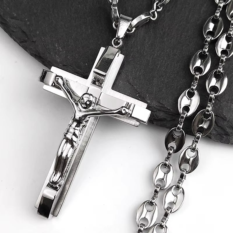 Jesus Cross Crucifix Pendant Necklace for Men Stainless Steel Gold Color Christian Coffee Bean Chain Jewelry Croix Chrétienne