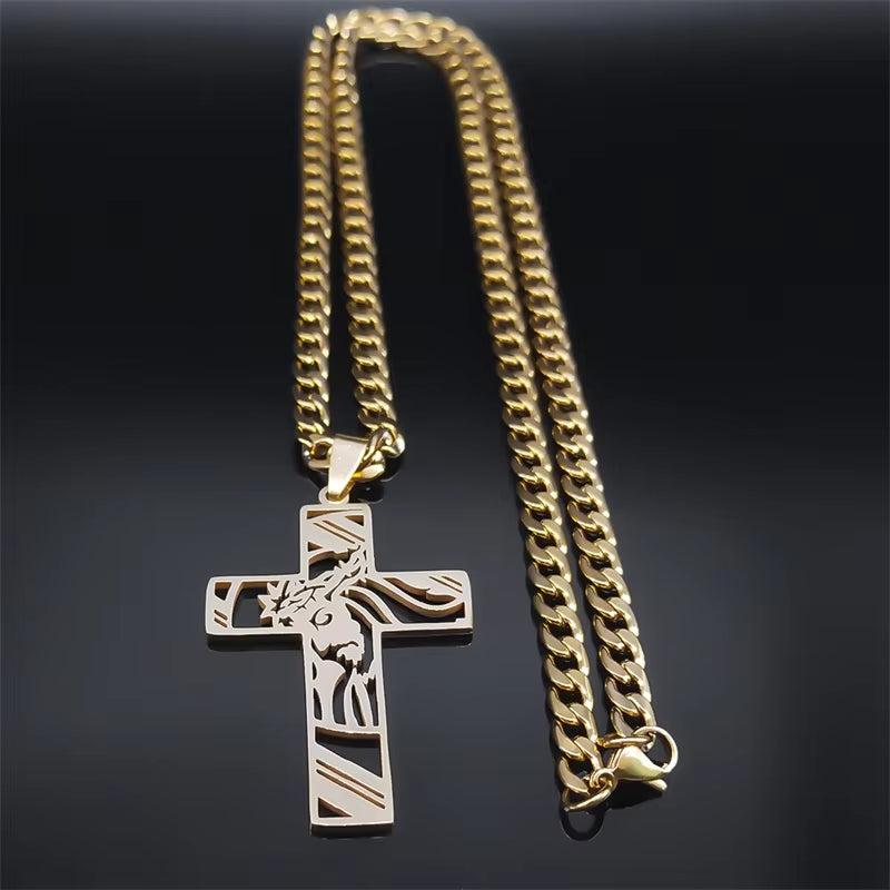 Hip Hop Punk Crown of Thorns Jesus Cross Necklace for Men Stainless Steel Gold Plated Crucifix Pendant Necklaces Jewelry N8052