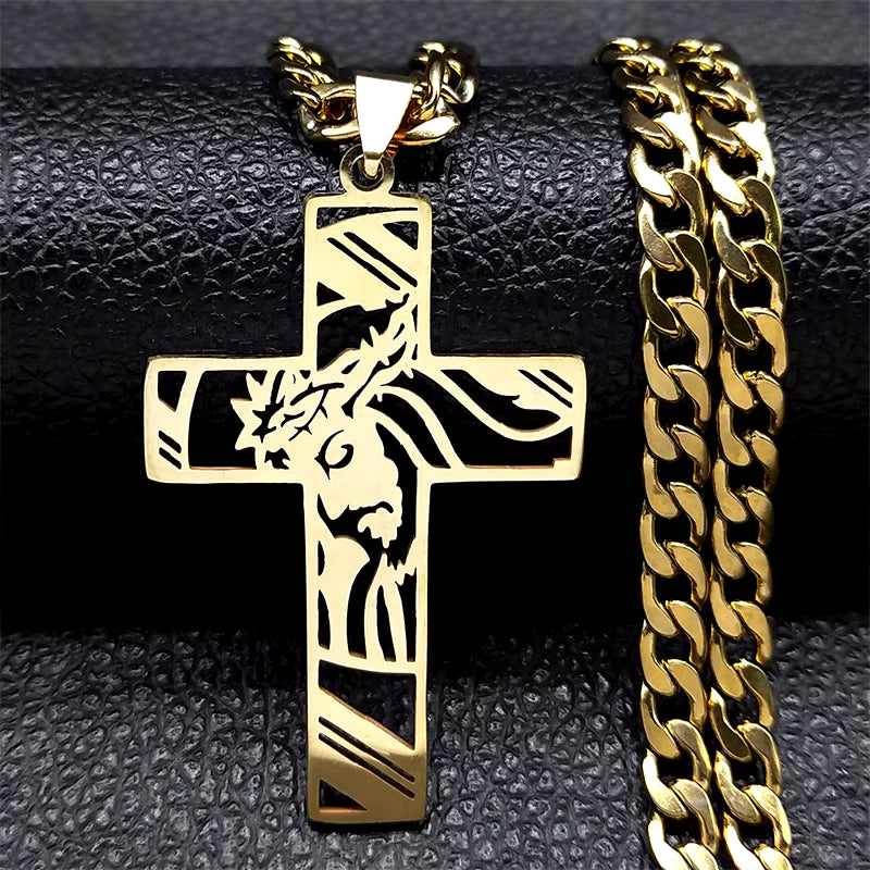 Hip Hop Punk Crown of Thorns Jesus Cross Necklace for Men Stainless Steel Gold Plated Crucifix Pendant Necklaces Jewelry N8052