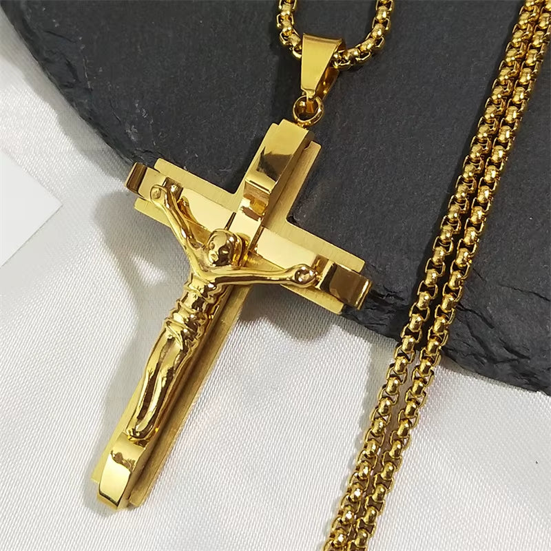 Jesus Cross Crucifix Pendant Necklace for Men Stainless Steel Gold Color Christian Coffee Bean Chain Jewelry Croix Chrétienne