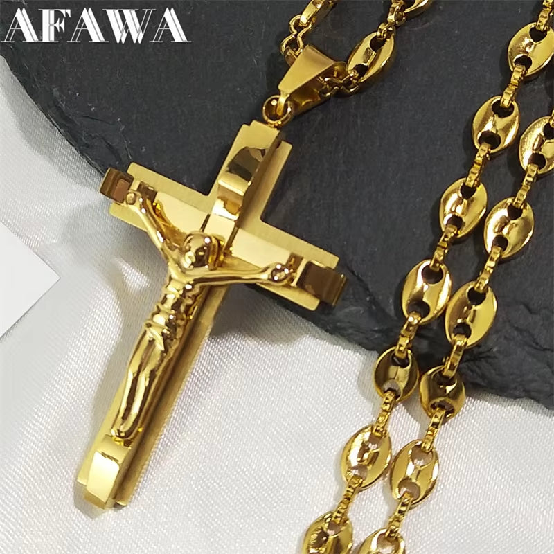 Jesus Cross Crucifix Pendant Necklace for Men Stainless Steel Gold Color Christian Coffee Bean Chain Jewelry Croix Chrétienne