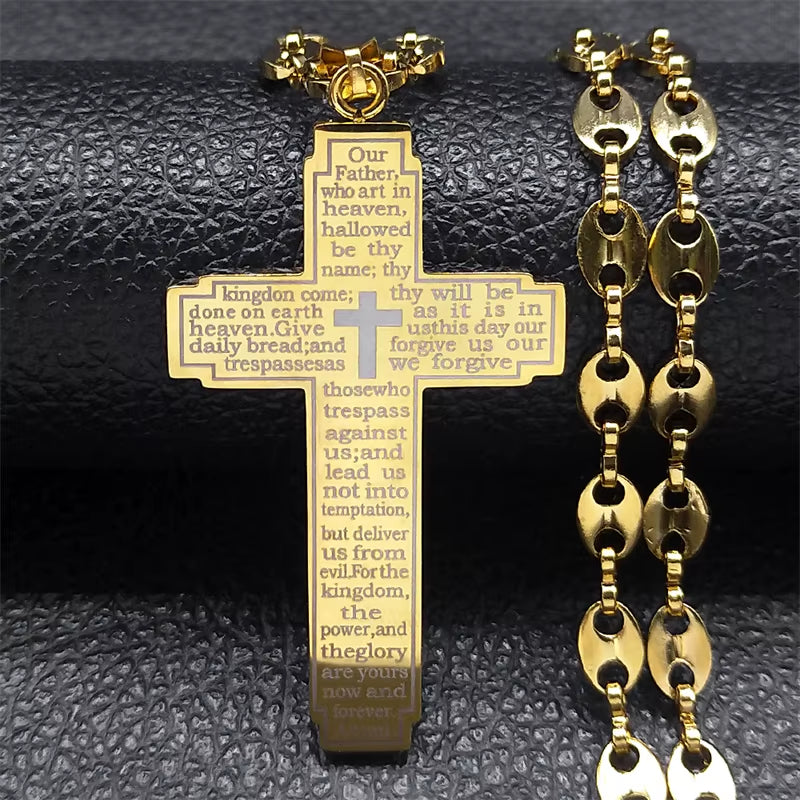 Jesus Cross Crucifix Pendant Necklace for Men Stainless Steel Gold Color Christian Coffee Bean Chain Jewelry Croix Chrétienne