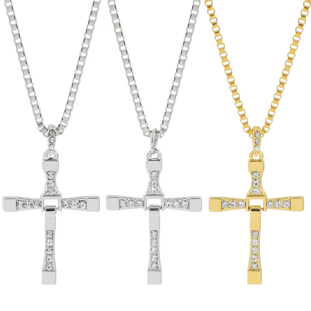 New Fast and Furious 10 Necklace Dominic Toretto Rhinestones Jesus Cross Pendant Necklace Collar Jewelry Decoration Accessories