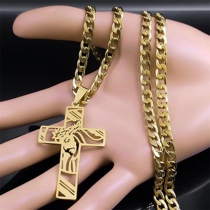 Hip Hop Punk Crown of Thorns Jesus Cross Necklace for Men Stainless Steel Gold Plated Crucifix Pendant Necklaces Jewelry N8052