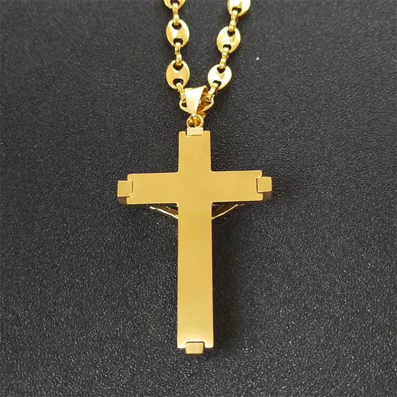 Jesus Cross Crucifix Pendant Necklace for Men Stainless Steel Gold Color Christian Coffee Bean Chain Jewelry Croix Chrétienne