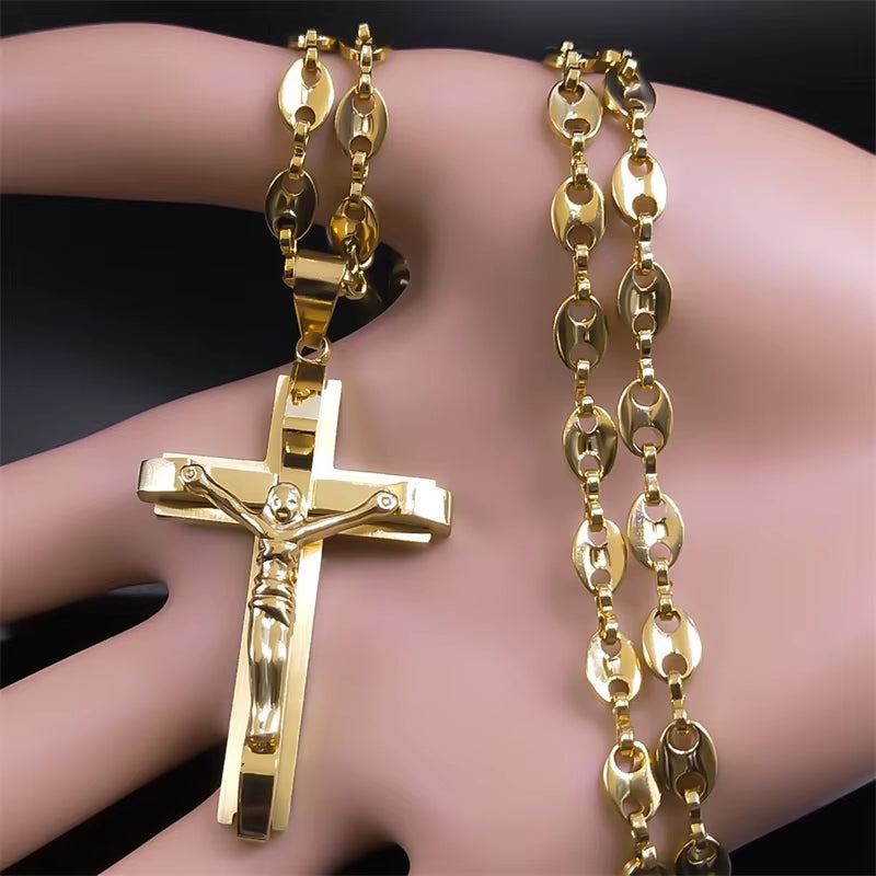 Jesus Cross Crucifix Pendant Necklace for Men Stainless Steel Gold Color Christian Coffee Bean Chain Jewelry Croix Chrétienne