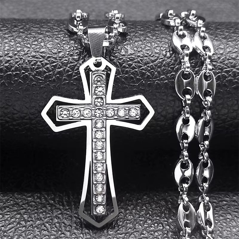 Jesus Cross Crucifix Pendant Necklace for Men Stainless Steel Gold Color Christian Coffee Bean Chain Jewelry Croix Chrétienne